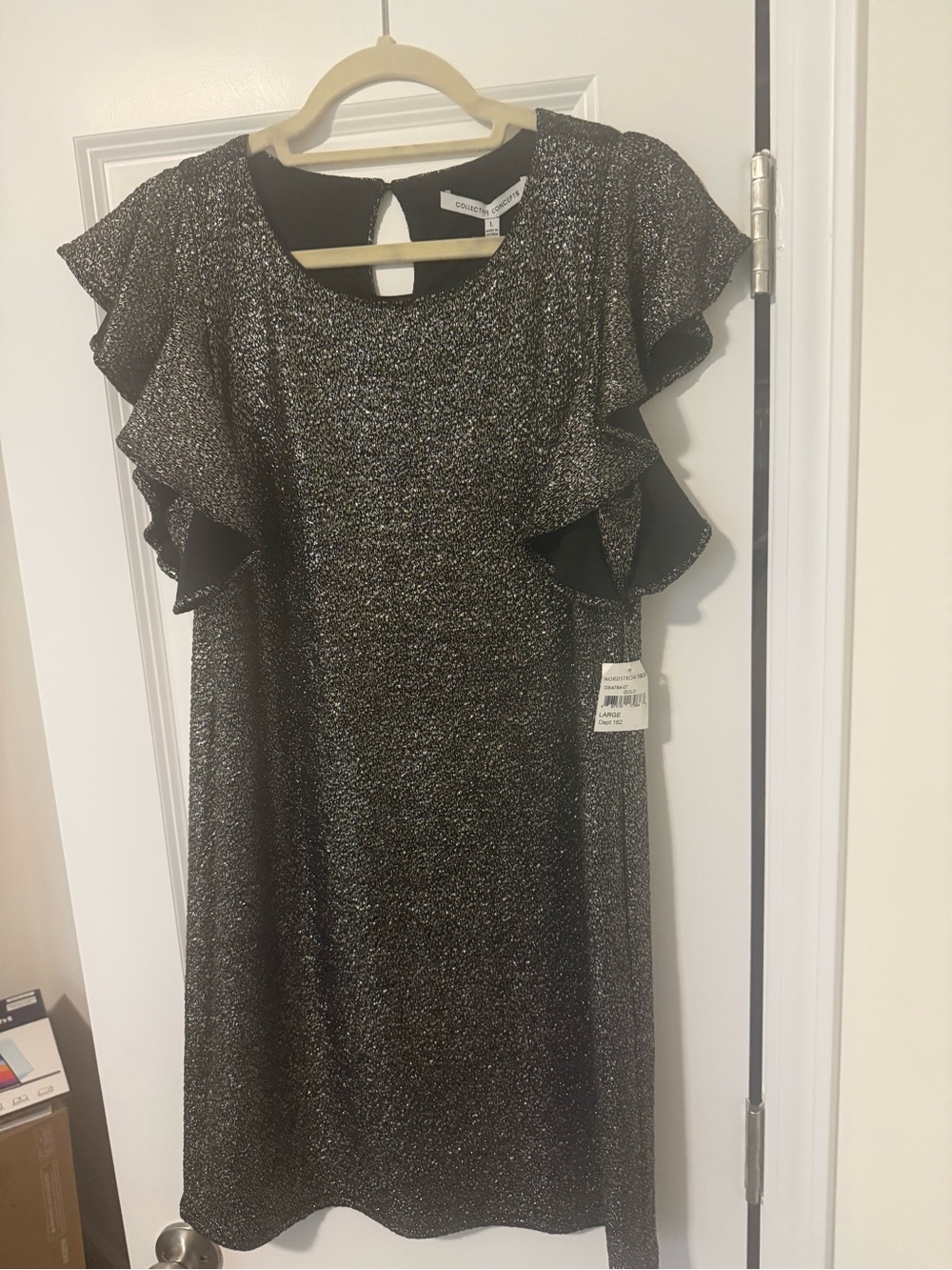 Collective Concepts Black Metallic Ruffle Sleeve Mini Dress